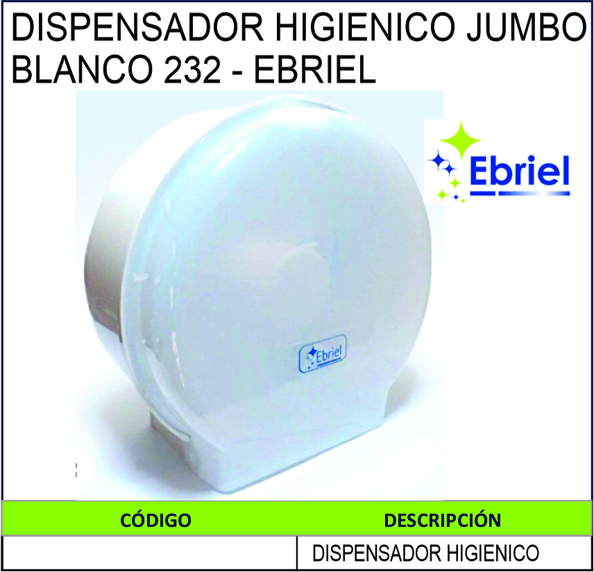 DISPENSADOR HIGIENICO JUMBO BLANCO 232 EBRIEL Ferlimp Industrial S A C